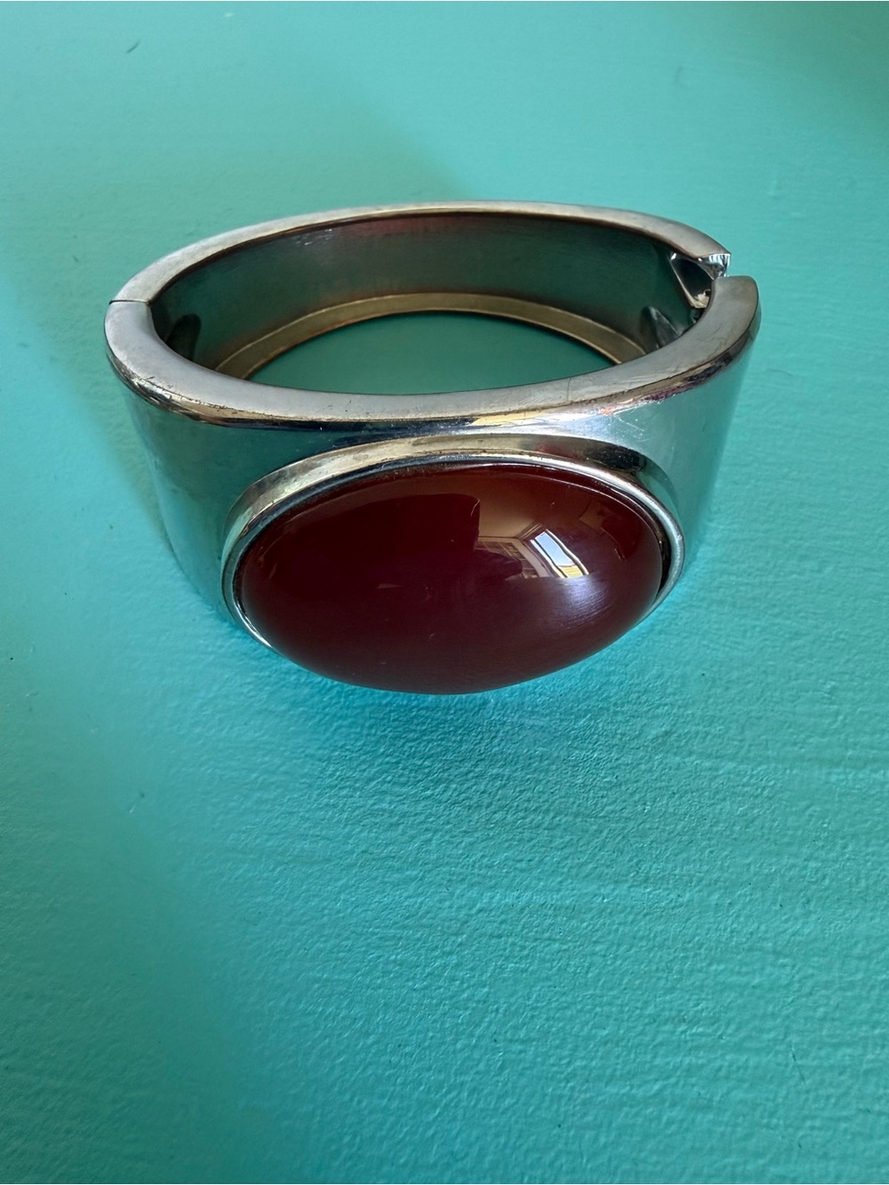 Vintage Silver Toned Cuff Bracelet with Large Red Cabochon